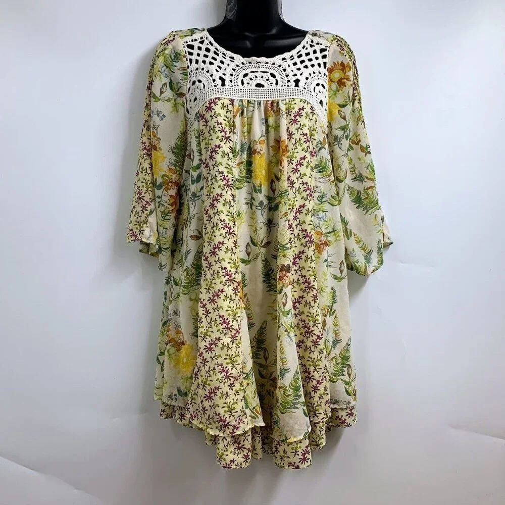 Free People Magic Garden Babydoll Crochet‎ Lace Swing Boho Floral Dress SIze S